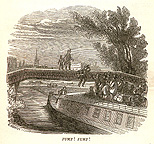 Passenger jumping onto a packet boat from a bridge